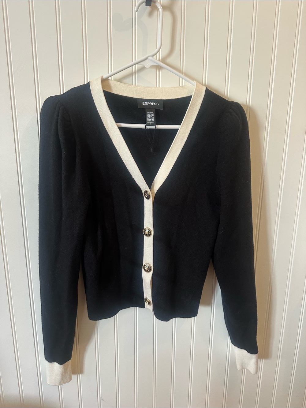 Express Black Cardigan with Cream Trim and Gold Buttons